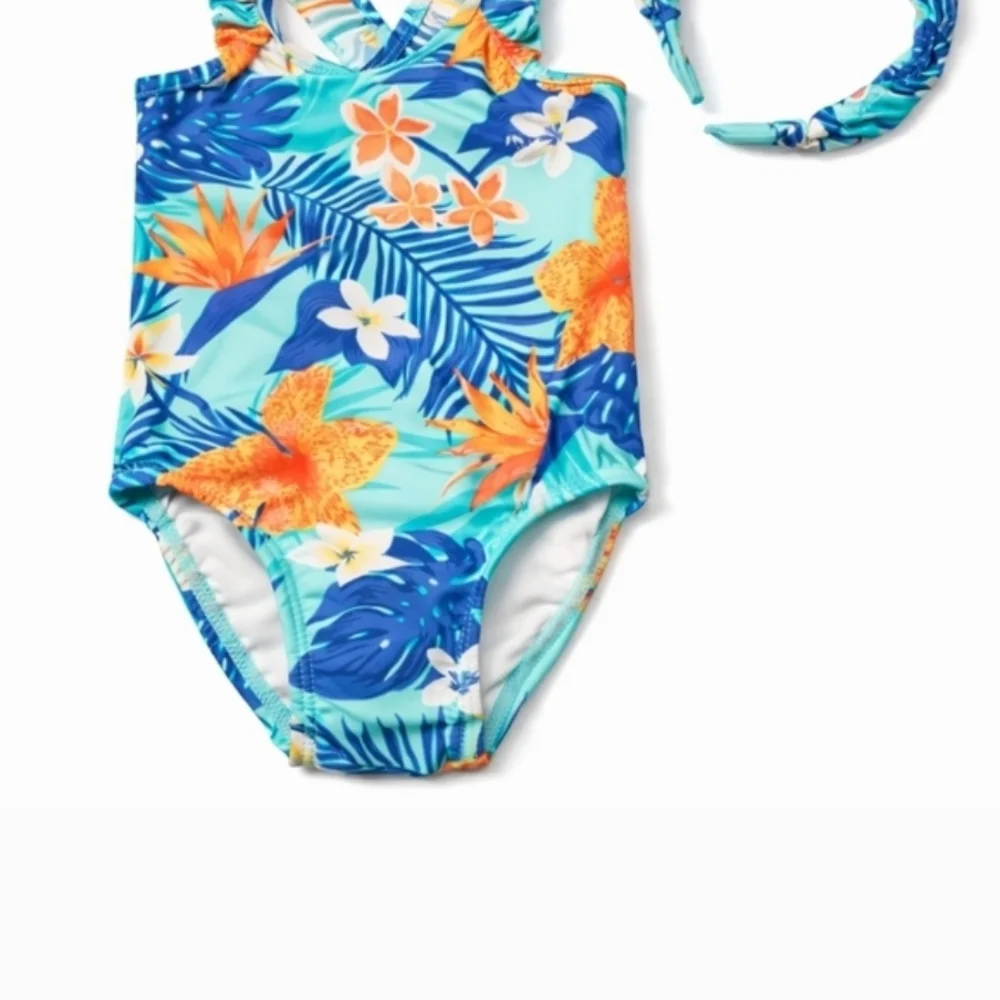 :The Children’s Place Girls Tropical One Piece Swimsuit with Matching Headband